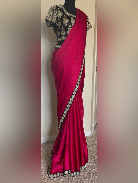 Dresses & Skirts - Elegant Magenta Saree with Embellished Black Blouse